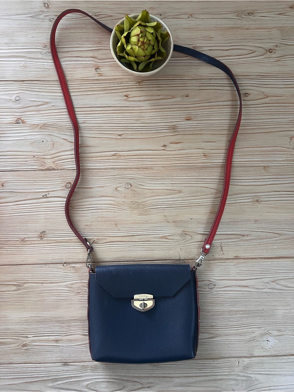 Jon Wye Navy Red Leather Crossbody Bag Small Structured Purse